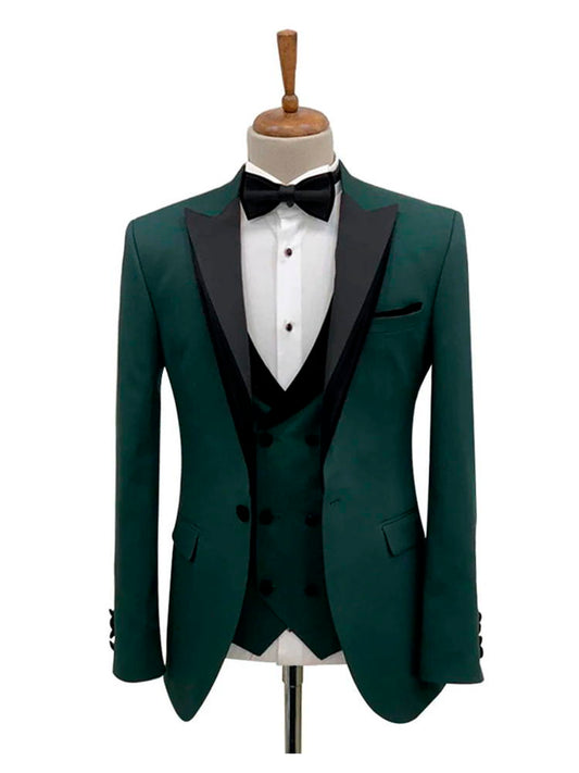 Green Tuxedo 3 Piece Suit With Black Lapel