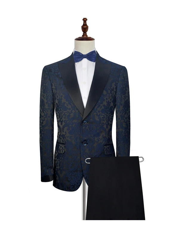 Dark Navy Blue Jacquard Peak Lapel Men's Suits For Wedding