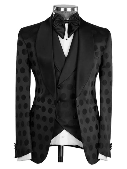 Black Dot Pattern Slim Fit Shawl Lapel 3 Piece Suit