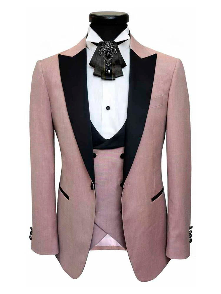 Pink 3 Piece With Black Peak Lapel Tuxedo