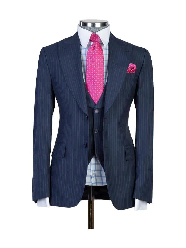 Dark Navy 3 Piece Luxurious Plaid Slim Fit Business Peak Lapel Suits