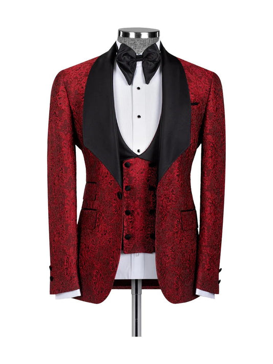 Red 3 Piece Jacquard Slim Fit Shawl Lapel Wedding Suits