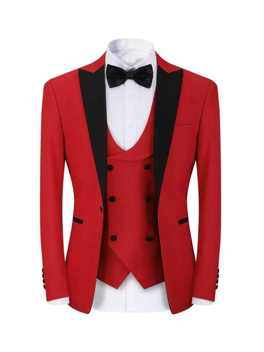 Red 3 Piece Wedding Suits With Burgundy Shawl Lapel