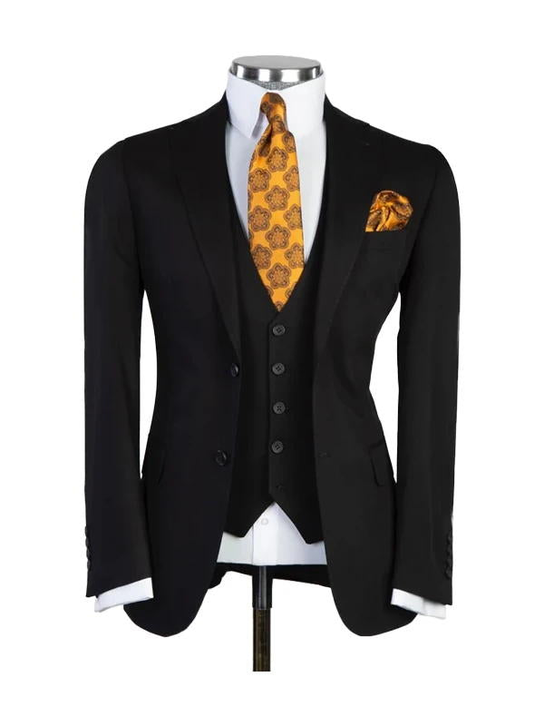 Black Classic Peak Lapel 3 Piece Suit