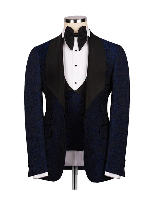 Navy Blue 3 Piece Jacquard Slim Fit Shawl Lapel Wedding Suits