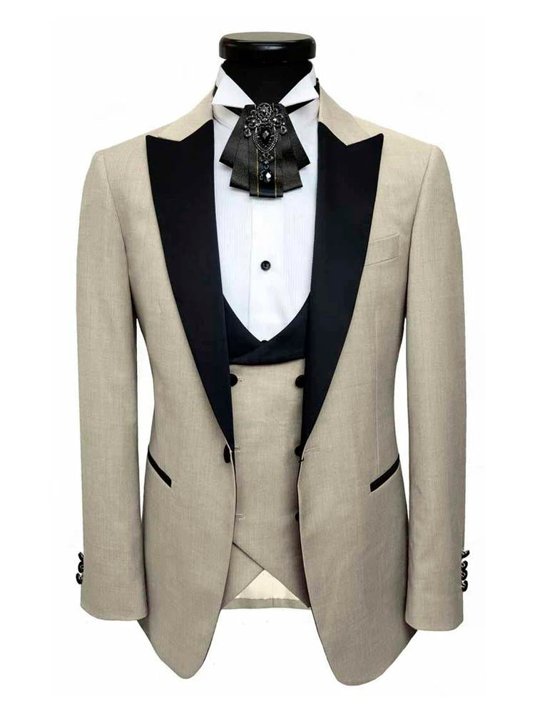 Beige 3 Piece With Black Peak Lapel Tuxedo