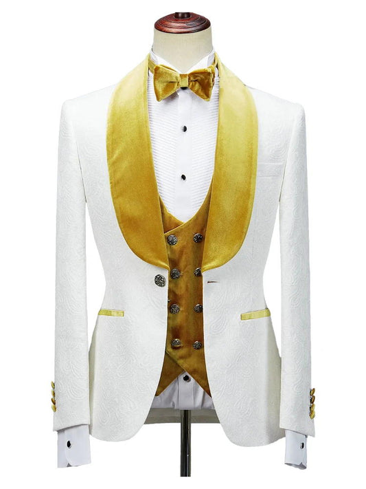 White Shawl Lapel With Gold Velvet Lapel Men Suits