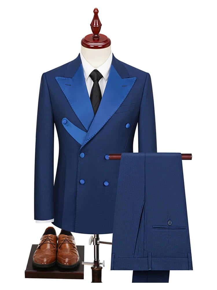 Navy Blue 2 Piece Double Breasted Peaked Lapel Men Suits