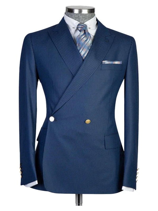 Blue Striped 2 Piece Double Breasted Men Suits