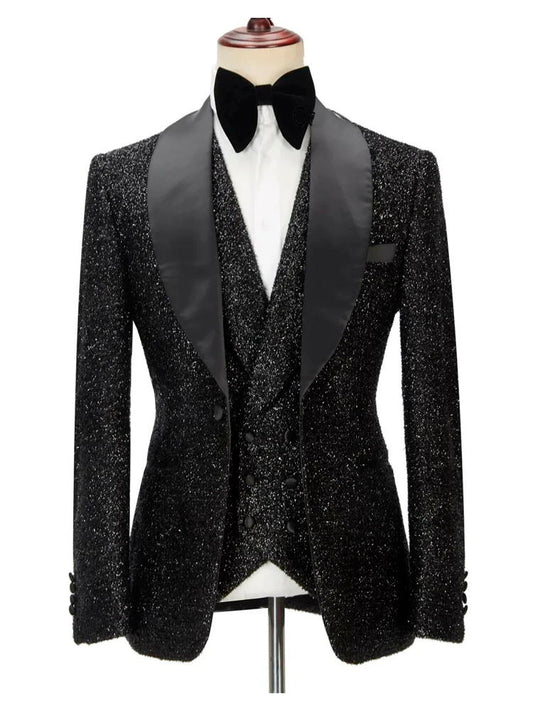 Black Three Pieces Shawl Lapel Wedding Suit