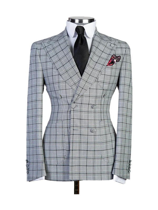 Grey Plaid Slim Fit Double Breasted Casual Suit