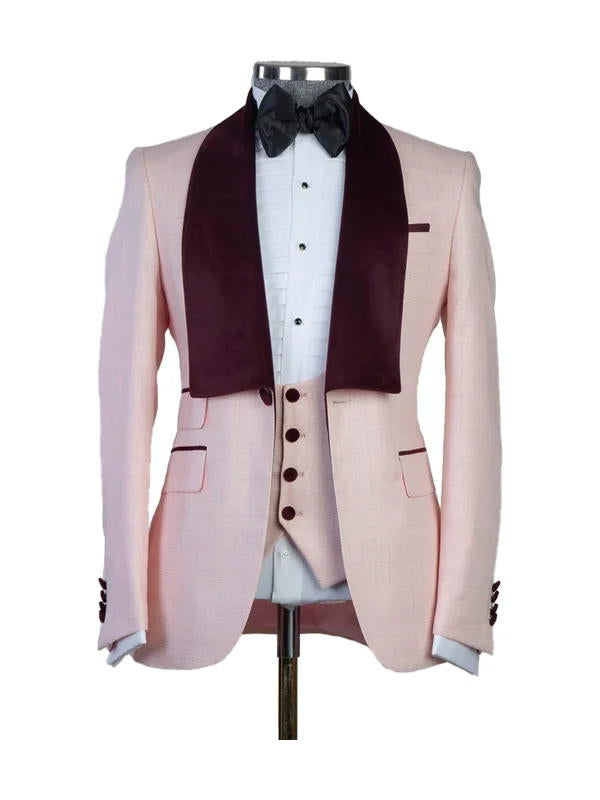 Pink 3 Piece Single Breasted White Shawl Lapel Tuxedo