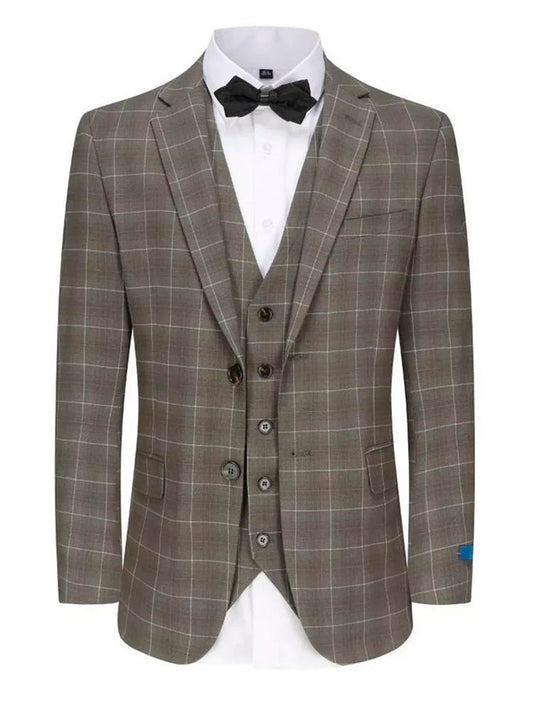 Taupe 3 Piece Slim Fit Elegant Plaid Suit