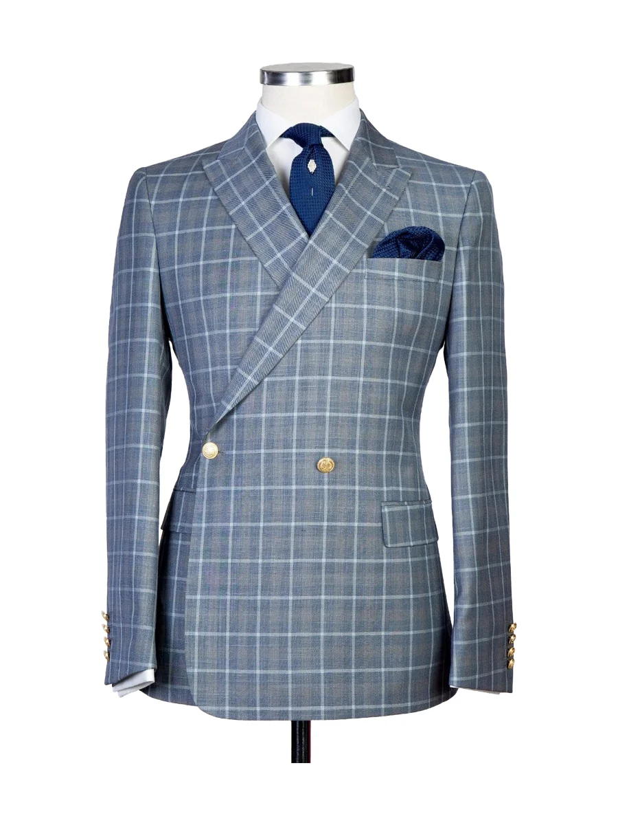 Blue 2 Piece Checked Double Breasted Peak Lapel Suit