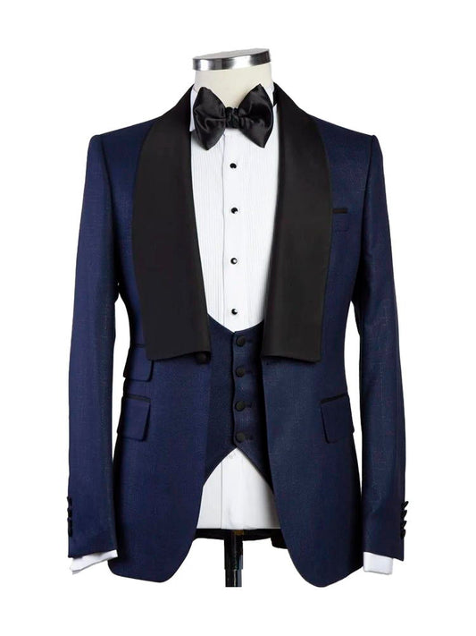 Navy Blue 3 Piece Handsome Suits With Shawl Lapel