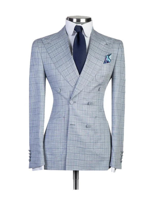 Blue Casual Plaid Double Breasted Suit