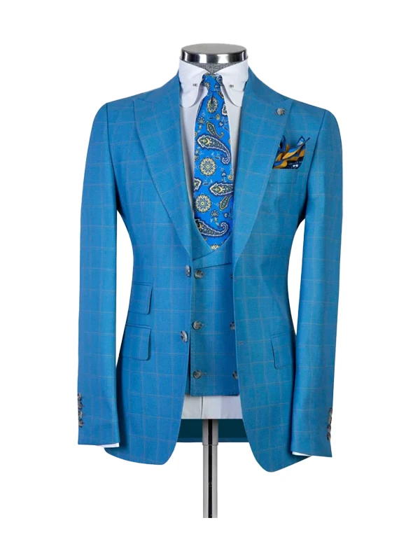 Sky Blue Plaid Peak Lapel Single Breasted Man Suit