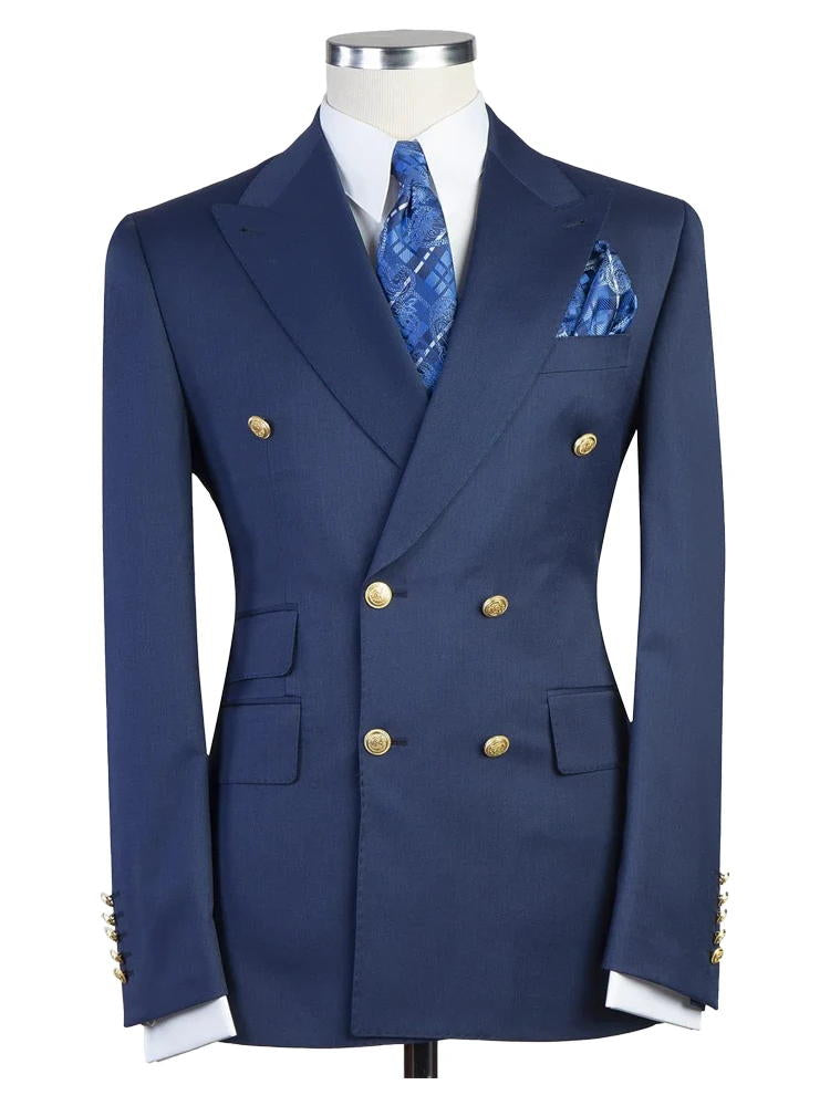 Royal Blue Peak Lapel Double Breasted Gold Button Suit