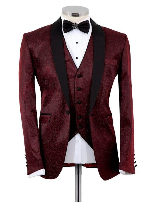 Men's Burgundy 3 Piece Shawl Lapel Wedding Suit