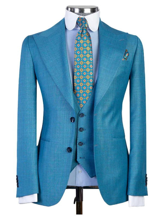 Blue 3 Pieces Suit Peak Lapel Single Breasted Suits