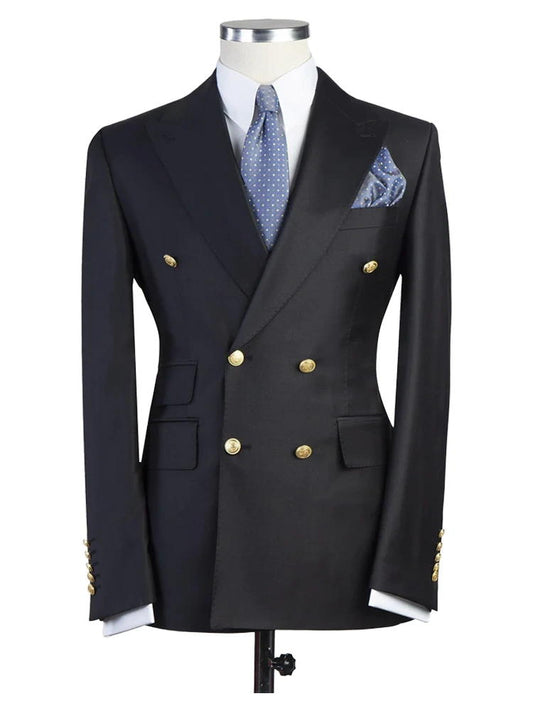 Black Peak Lapel Double Breasted Gold Button Wedding Suit