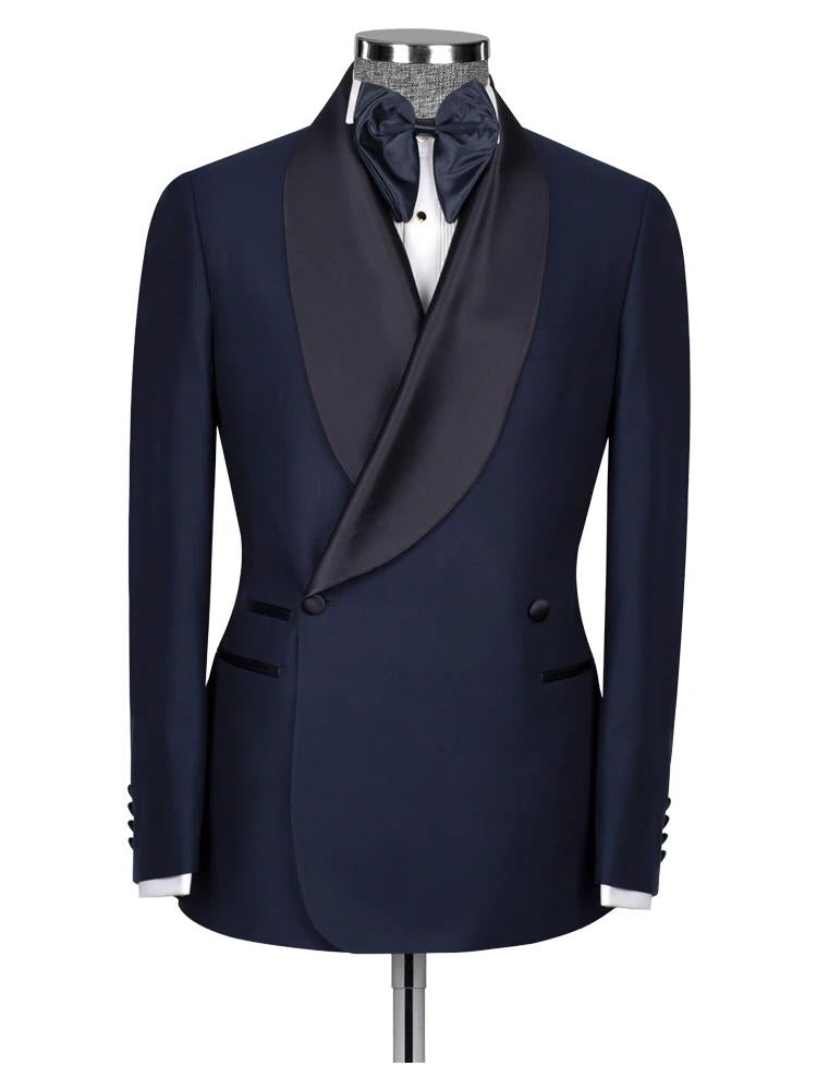 Navy Blue One Button Satin Black Collar Men Two Piece Suits