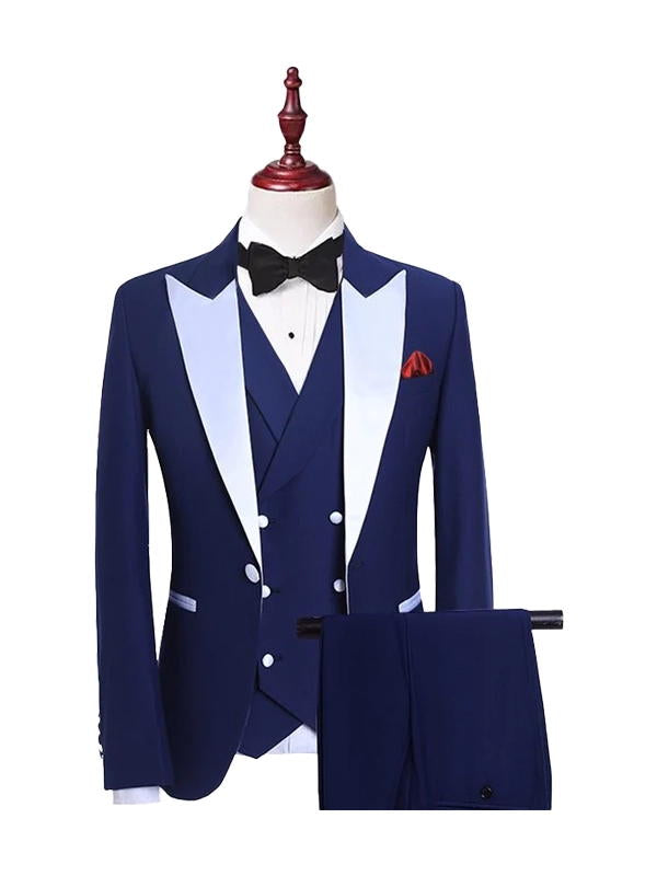 Navy Blue 3 Piece White Lapel Tuxedo