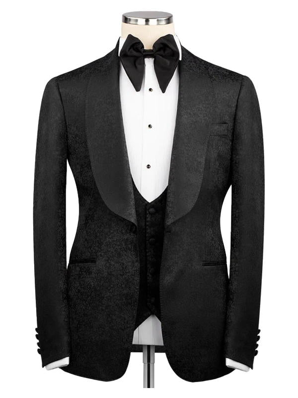 Black 3 Piece Shaw Lapel Jacquard Wedding Suit