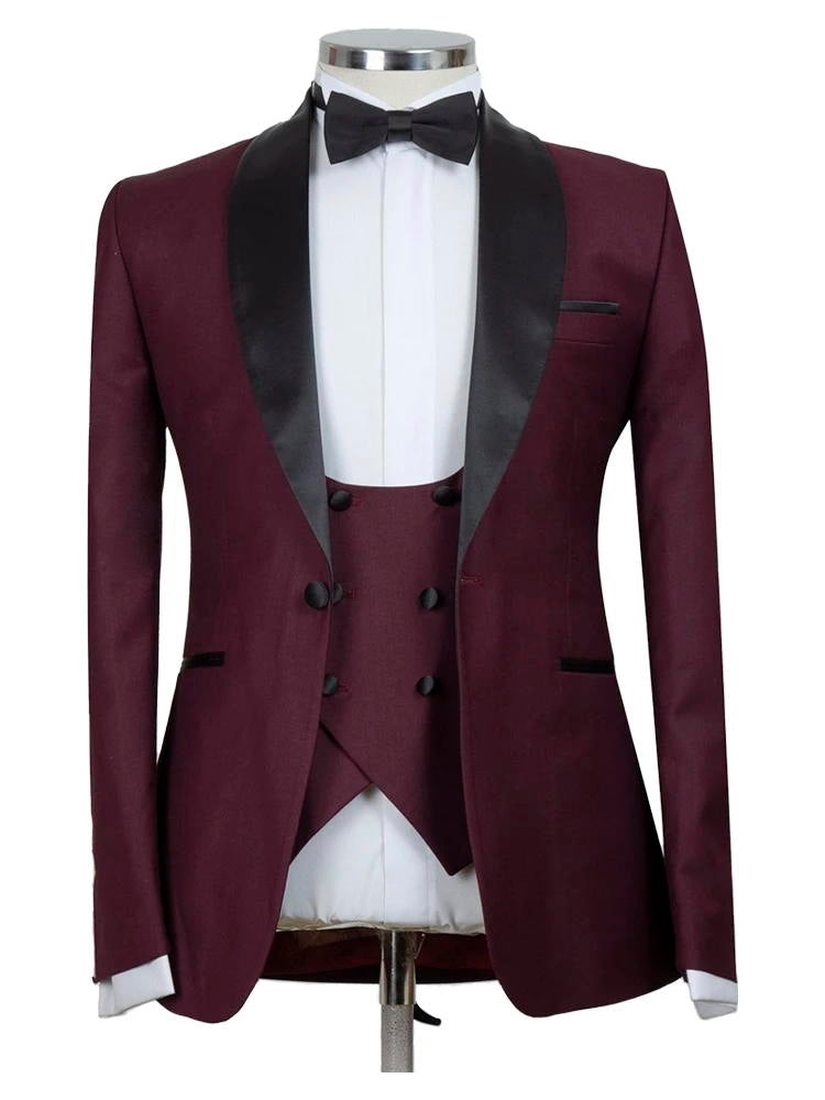 Men's Burgundy 3 Piece Shawl Lapel Tuxedos Suit