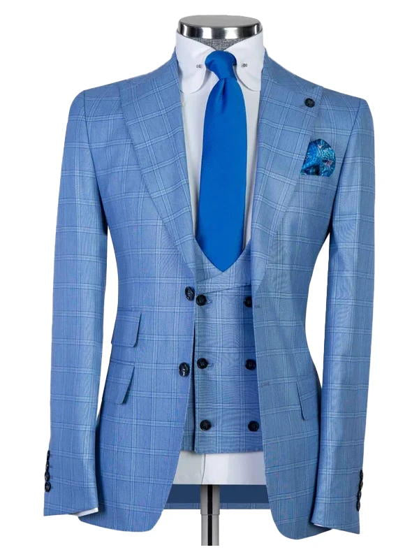 Blue Slim Fit Peak Lapel Single Breasted Plaid Man Suit