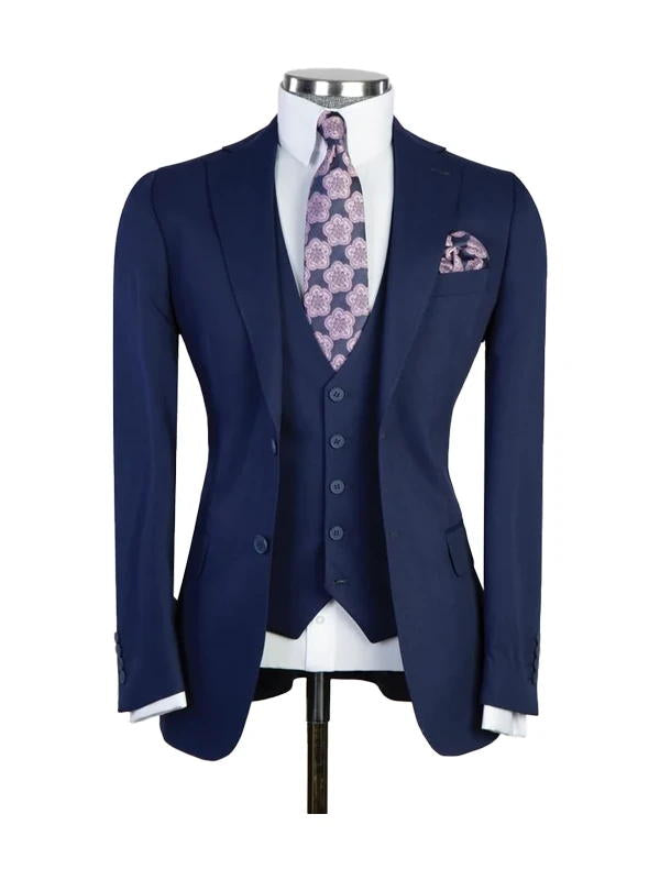 Navy Blue Classic Peak Lapel 3 Piece Suit