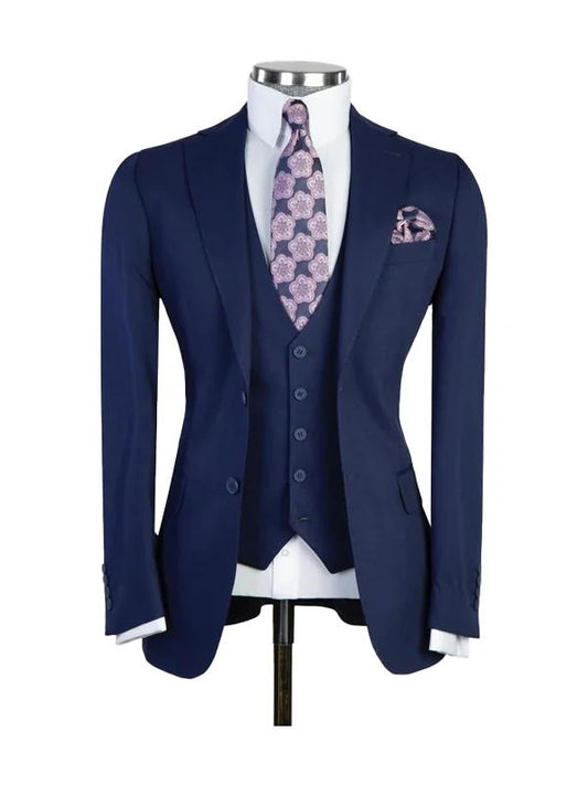 Navy Blue Classic Peak Lapel 3 Piece Suit