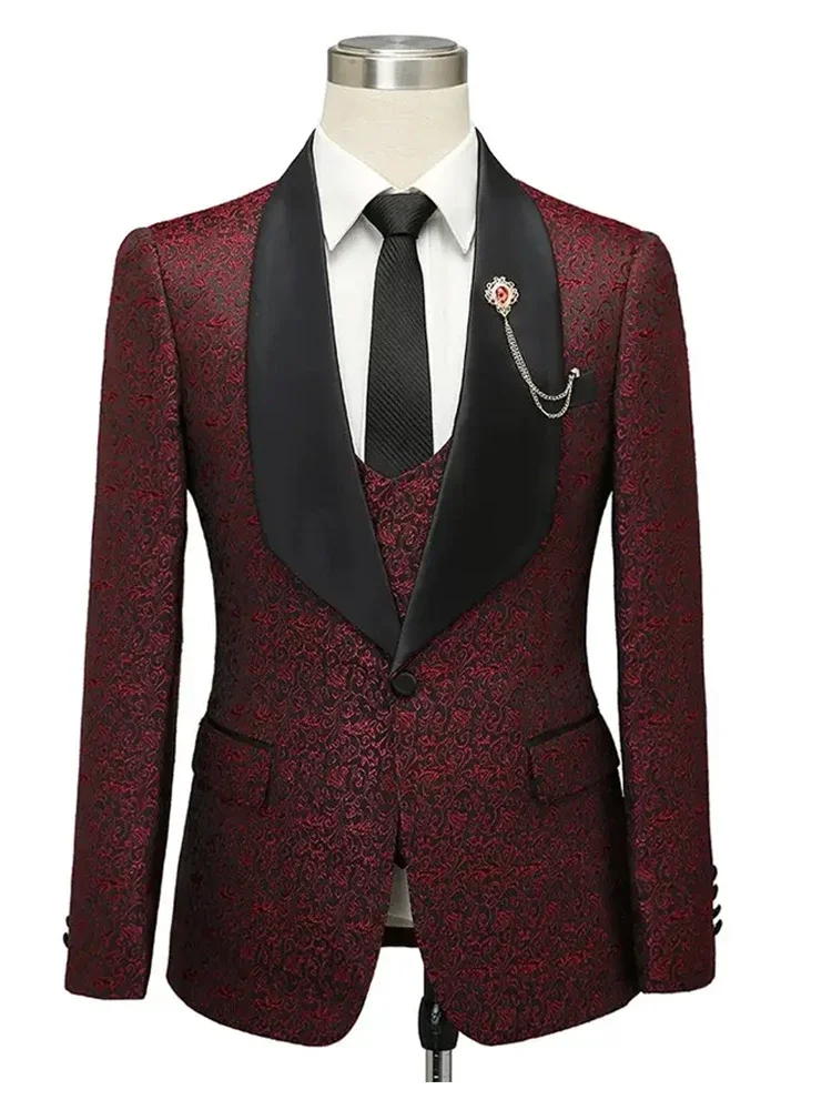 Men's Burgundy Shawl Lapel Jacquard Wedding Groom Suit