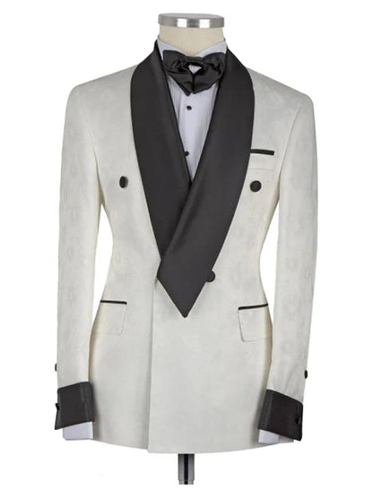 White Shawl Lapel Double Breasted Fashion Jacquard Wedding Groom Suit