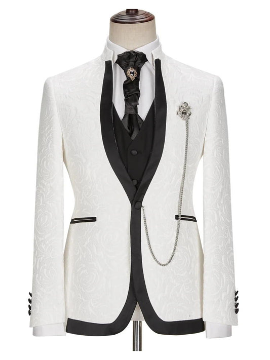 White Jacquard Prom 3 Piece Suit