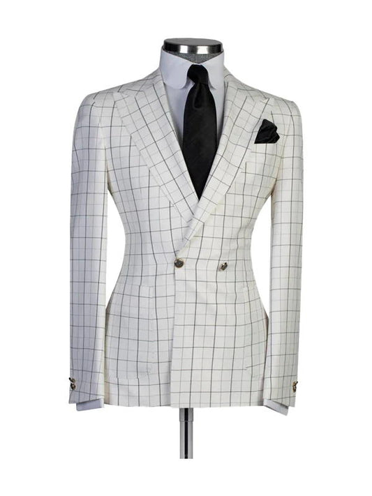 White 2 Piece Chic Plaid Peak Lapel Suits