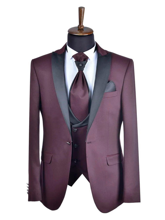 Luxury Burgundy Peak Lapel Tuxedo 3 Piece Suit