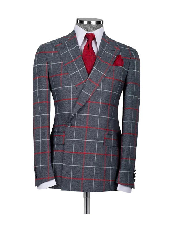 Grey 2 Piece Peak Lapel Red Plaid Double Breasted One Button Suit