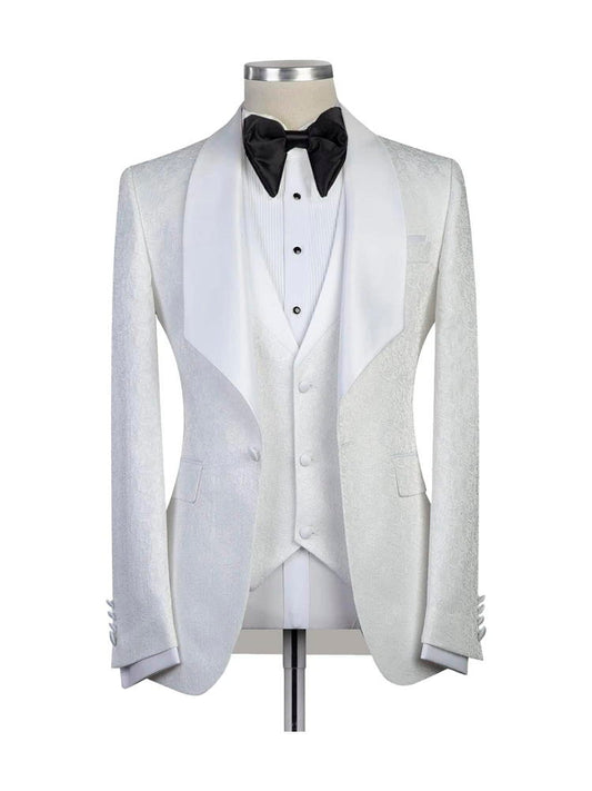 White 3 Piece Bespoke Jacquard Shawl Lapel Wedding Tuxedo