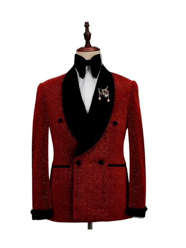 Sparkle Red 2 Piece Black Shawl Lapel Double Breasted Suits