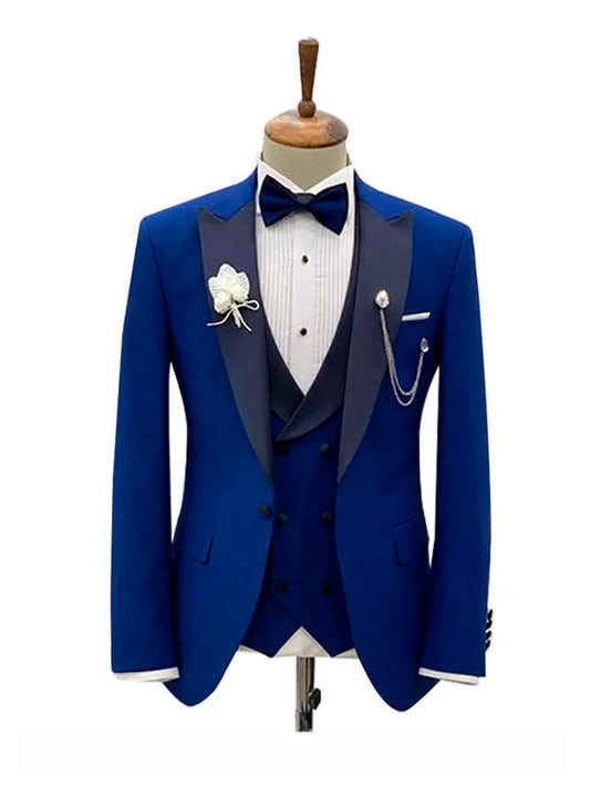 Blue Tuxedo 3 Piece Suit With Black Lapel