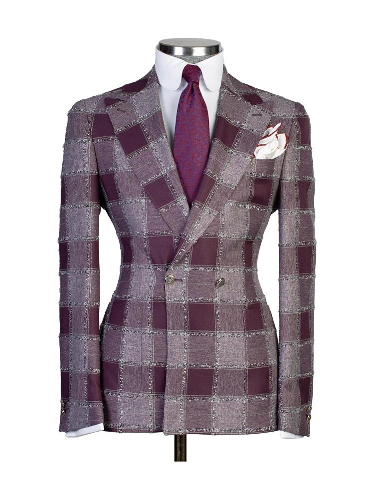 Purple 2 Piece Chic Plaid Notch Lapel Suits