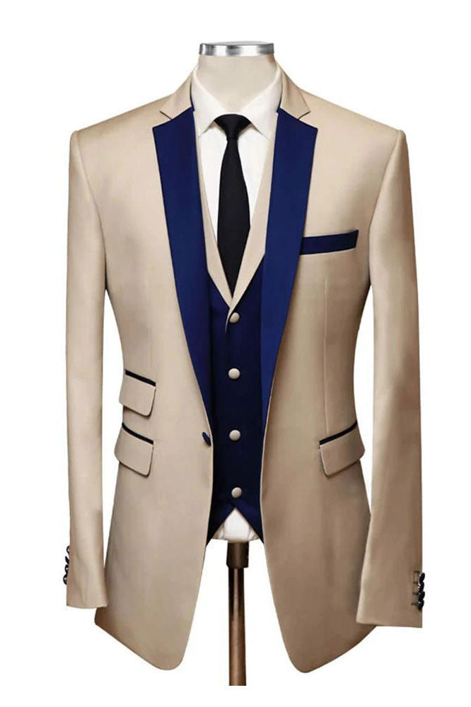 Khaki Party 3 Piece Suit with Blue Notch Lapel