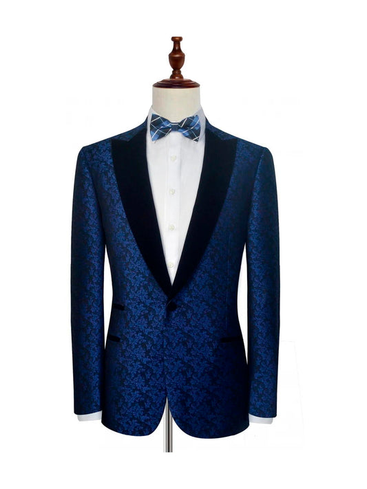 Blue Floral Pattern Black Peak Lapel Prom Tuxedos