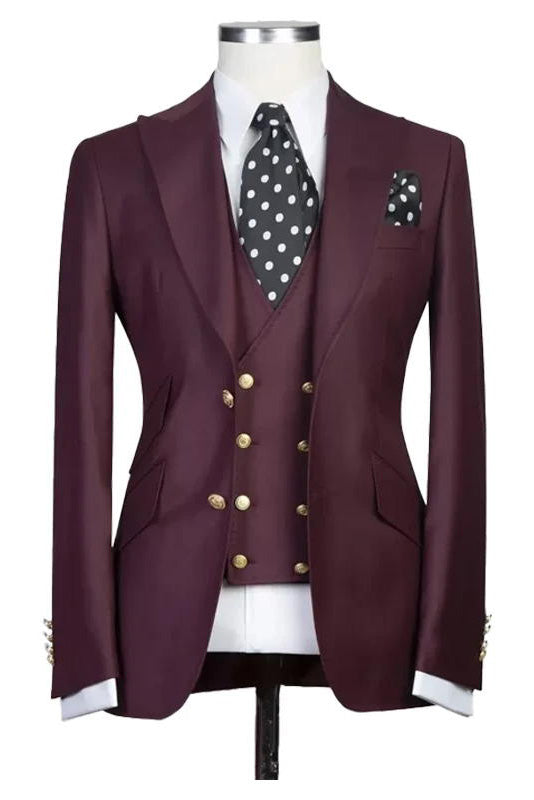 Burgundy Peak Lapel Men's 3 Piece Suit