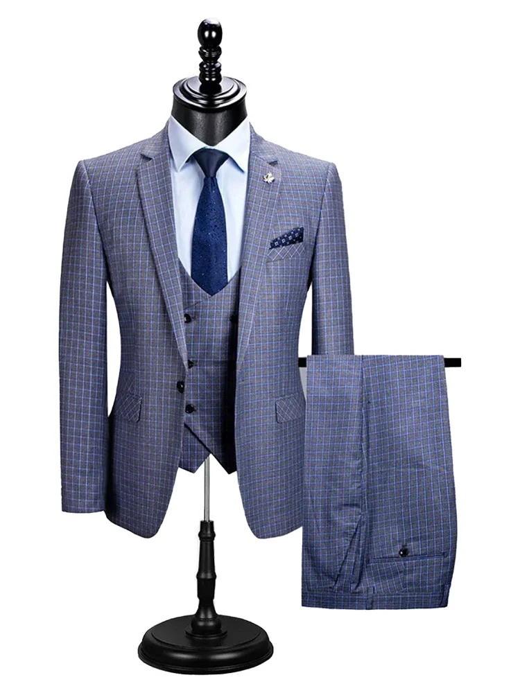 Grey 3 Piece 	 Bespoke Plaid Notched Lapel Fitted Suits