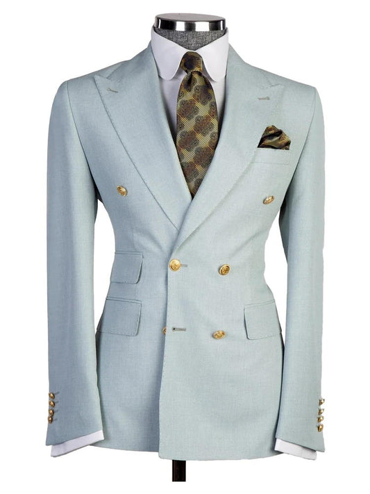 Light Blue Peak Lapel Double Breasted Gold Button Wedding Suit