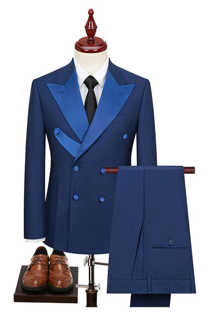 Navy Blue 2 Piece Double Breasted Peak Lapel Men Tuxedo