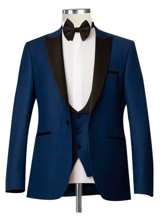 Men's Navy Blue with Satin Black Peak Lapel 3 Piece Suit