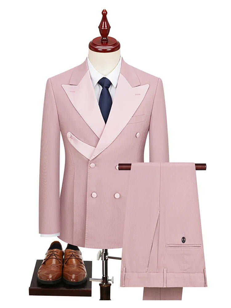 2 Piece Double Breasted Peaked Lapel Men Suits Pink/Navy Blue